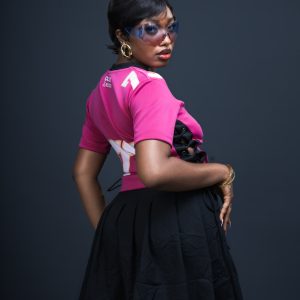 Lace-Up Cropped jersey street wear - hot pink with black V neck collar + black side lace up
