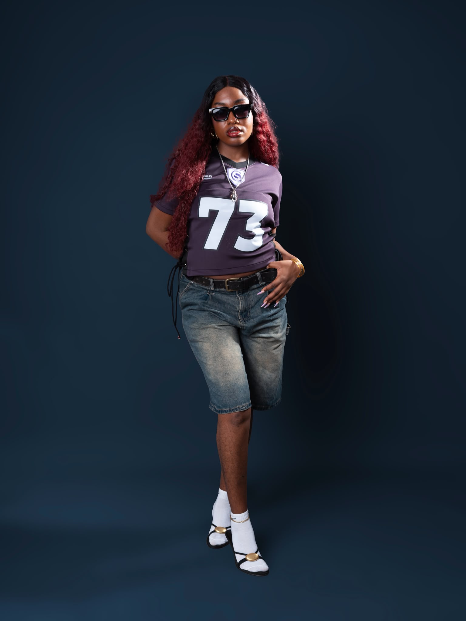 Lace-Up Cropped jersey street wear - hot purple with black V neck collar + black side lace up - Image 3